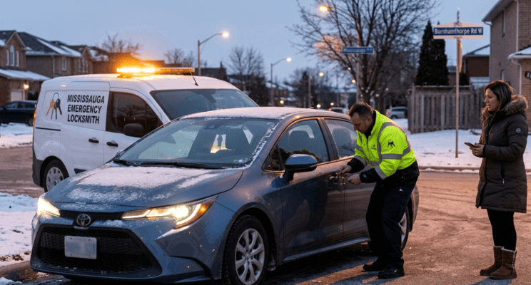 A "Mississauga Emergency Locksmith" in a yellow jacket unlocking a snowy blue car at dawn on Burnhamthorpe Rd W. The image is a visual answer to "How Long Does an Emergency Locksmith Take to Arrive?"