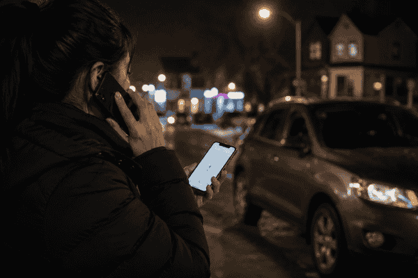 Person speaking to an emergency locksmith while checking their GPS location beside a locked vehicle in Mississauga at night.